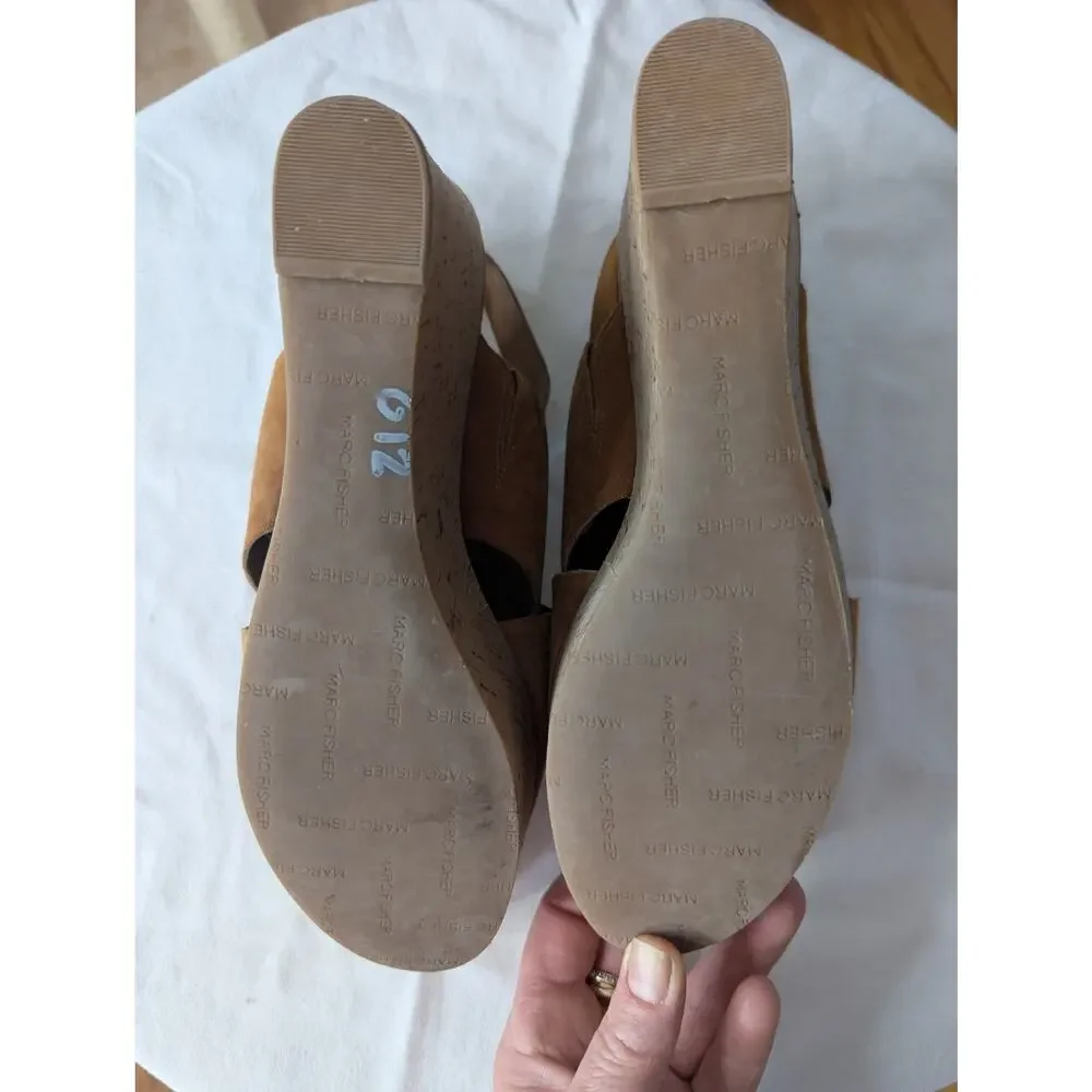 Marc Fisher Brown Suede Cork Wedge‎ Sandals Women's Size 8 Open Toe Ankle Strap